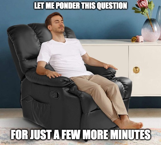 man in recliner | LET ME PONDER THIS QUESTION; FOR JUST A FEW MORE MINUTES | image tagged in man in recliner | made w/ Imgflip meme maker