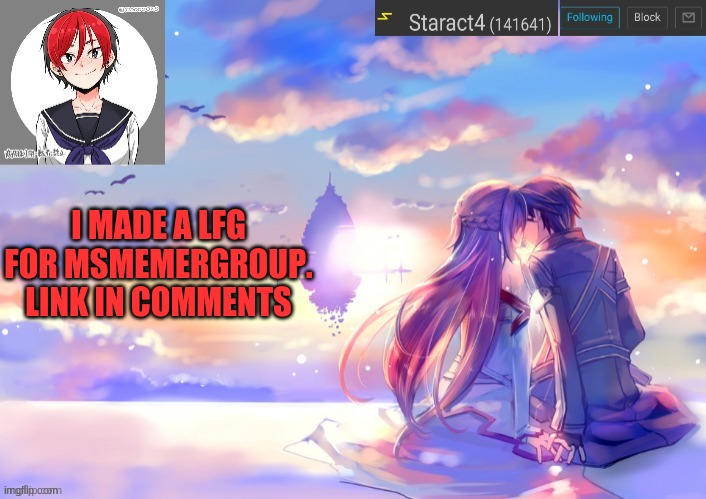 I MADE A LFG FOR MSMEMERGROUP. LINK IN COMMENTS | image tagged in starkugo trap sailor sword art online announcement trmplate | made w/ Imgflip meme maker