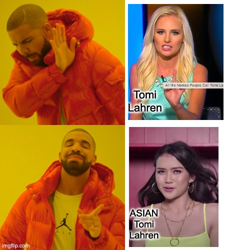 Drake Hotline Bling Meme | Tomi Lahren; ASIAN Tomi Lahren | image tagged in memes,drake hotline bling | made w/ Imgflip meme maker