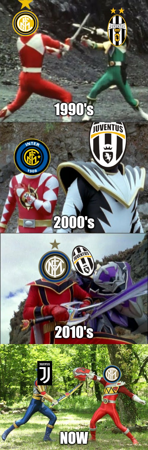 Inter - Juventus: through the decades | 1990's; 2000's; 2010's; NOW | image tagged in serie a,derby d'italia,inter,juventus,power rangers,super sentai | made w/ Imgflip meme maker