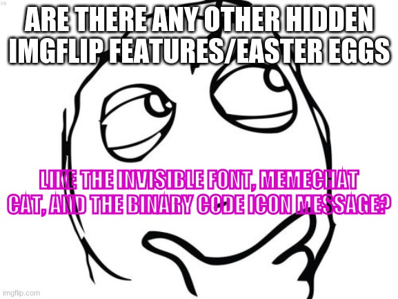 a question | ARE THERE ANY OTHER HIDDEN IMGFLIP FEATURES/EASTER EGGS; LIKE THE INVISIBLE FONT, MEMECHAT CAT, AND THE BINARY CODE ICON MESSAGE? | image tagged in memes,question rage face | made w/ Imgflip meme maker