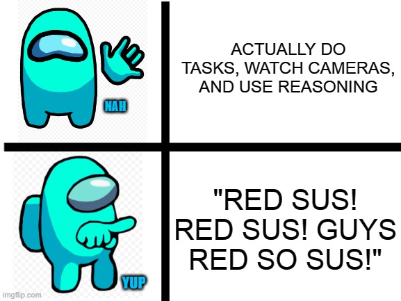 Among Us in a nutshell | ACTUALLY DO TASKS, WATCH CAMERAS, AND USE REASONING; NAH; "RED SUS! RED SUS! GUYS RED SO SUS!"; YUP | image tagged in blank white template,among us,memes,funny | made w/ Imgflip meme maker