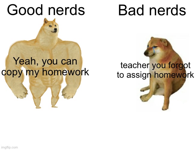 relatable, anyone? | Good nerds; Bad nerds; Yeah, you can copy my homework; teacher you forgot to assign homework | image tagged in memes,buff doge vs cheems | made w/ Imgflip meme maker