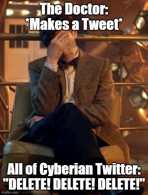 I make memes now. Memes are cool | The Doctor: *Makes a Tweet*; All of Cyberian Twitter: "DELETE! DELETE! DELETE!" | image tagged in doctor who facepalm,doctor who | made w/ Imgflip meme maker