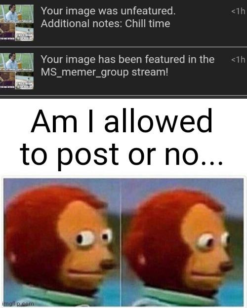 Monkey Puppet | Am I allowed to post or no... | image tagged in memes,monkey puppet | made w/ Imgflip meme maker