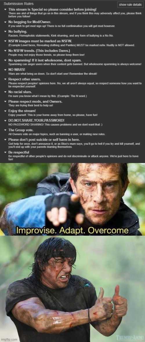 much better (: thanks owner peeps | image tagged in improvise adapt overcome,thumbs up rambo | made w/ Imgflip meme maker