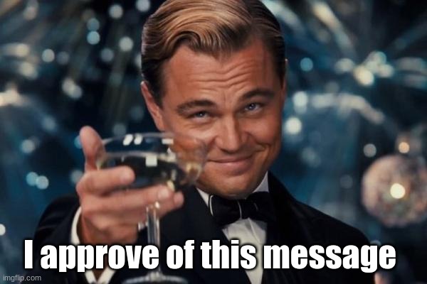 Leonardo Dicaprio Cheers Meme | I approve of this message | image tagged in memes,leonardo dicaprio cheers | made w/ Imgflip meme maker