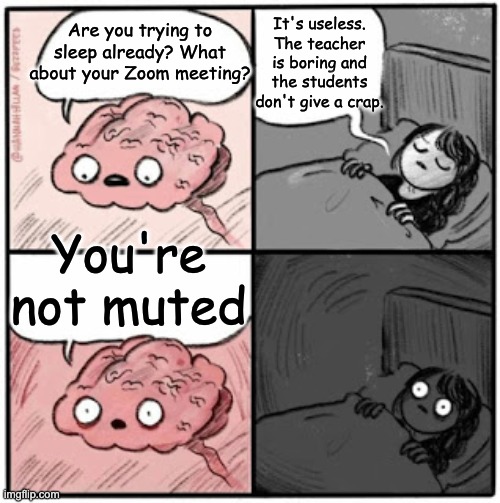 Not muted student | It's useless. The teacher is boring and the students don't give a crap. Are you trying to sleep already? What about your Zoom meeting? You're not muted | image tagged in brain before sleep | made w/ Imgflip meme maker