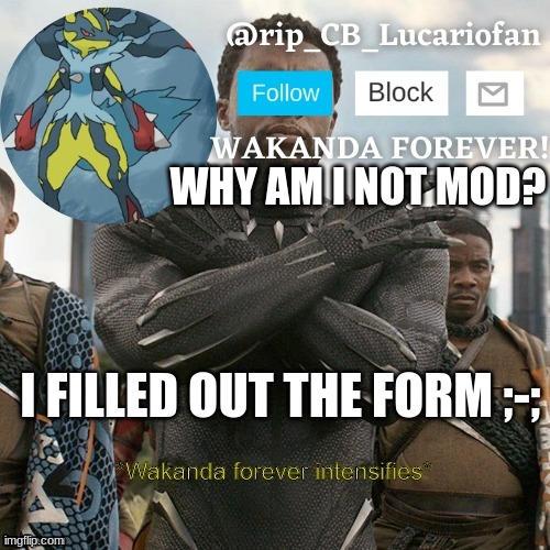 give me one good reason not to be mod and i'll stop asking to be mod | WHY AM I NOT MOD? I FILLED OUT THE FORM ;-; | image tagged in rip_cb_lucariofan template | made w/ Imgflip meme maker