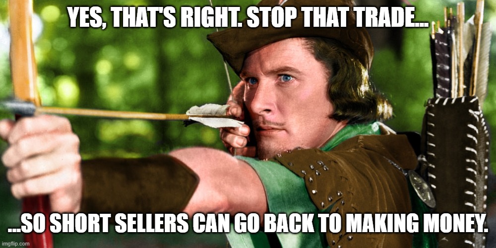 Robinhood stops stock trading | YES, THAT'S RIGHT. STOP THAT TRADE... ...SO SHORT SELLERS CAN GO BACK TO MAKING MONEY. | image tagged in robin hood stops stock trading | made w/ Imgflip meme maker