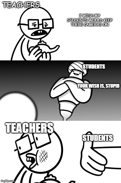 when teachers want something but then the students slap them with logic | TEACHERS; I WISH MY STUDENTS WOULD KEEP THERE CAMERAS ON; STUDENTS; YOUR WISH IS, STUPID; TEACHERS; STUDENTS | image tagged in funny memes | made w/ Imgflip meme maker