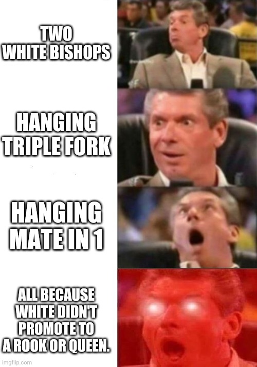 Mr. McMahon reaction | TWO WHITE BISHOPS; HANGING TRIPLE FORK; HANGING MATE IN 1; ALL BECAUSE WHITE DIDN'T PROMOTE TO A ROOK OR QUEEN. | image tagged in mr mcmahon reaction | made w/ Imgflip meme maker