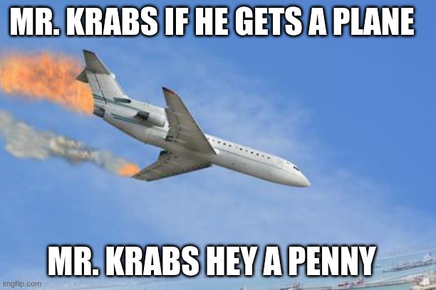 l.[;]Burh | MR. KRABS IF HE GETS A PLANE; MR. KRABS HEY A PENNY | image tagged in crashing plane | made w/ Imgflip meme maker