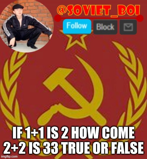 soviet boi ask the ms confusing question | IF 1+1 IS 2 HOW COME 2+2 IS 33 TRUE OR FALSE | image tagged in soviet boi | made w/ Imgflip meme maker