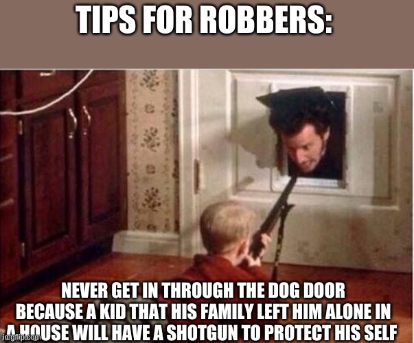 at that moment he knew he messed up | TIPS FOR ROBBERS:; NEVER GET IN THROUGH THE DOG DOOR BECAUSE A KID THAT HIS FAMILY LEFT HIM ALONE IN A HOUSE WILL HAVE A SHOTGUN TO PROTECT HIS SELF | image tagged in home alone | made w/ Imgflip meme maker