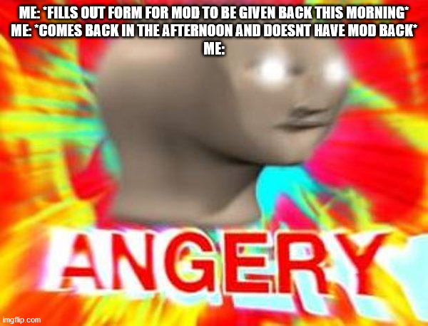 Surreal Angery | ME: *FILLS OUT FORM FOR MOD TO BE GIVEN BACK THIS MORNING*
ME: *COMES BACK IN THE AFTERNOON AND DOESNT HAVE MOD BACK*
ME: | image tagged in surreal angery | made w/ Imgflip meme maker
