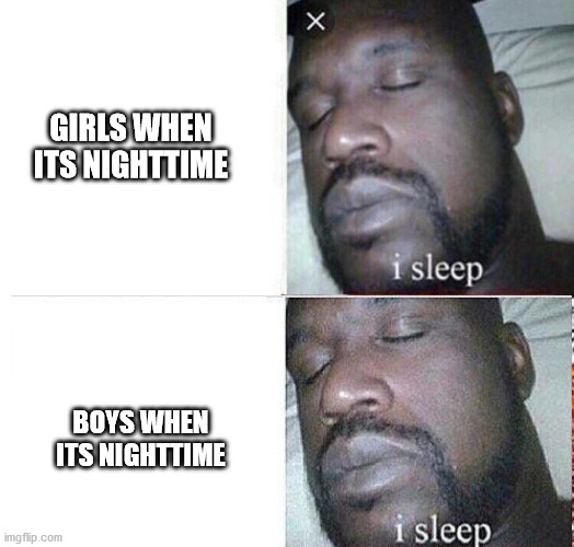 i sleep real shit | GIRLS WHEN ITS NIGHTTIME; BOYS WHEN ITS NIGHTTIME | image tagged in i sleep real shit | made w/ Imgflip meme maker