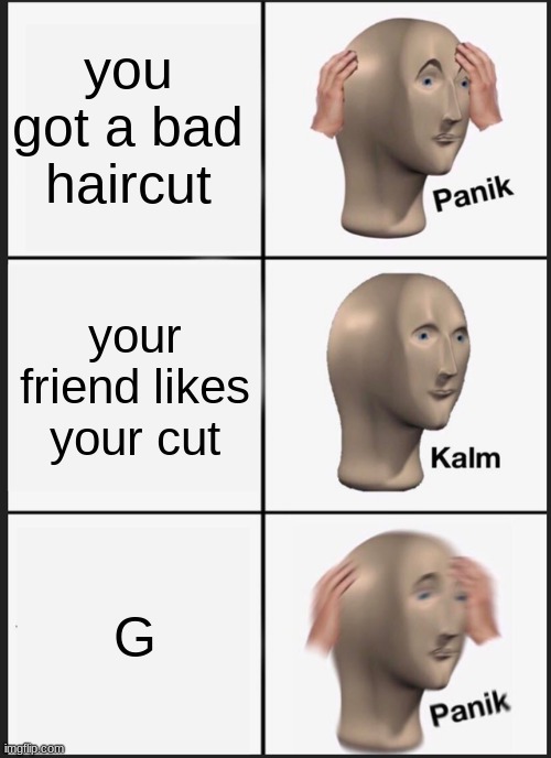 Panik Kalm Panik | you got a bad haircut; your friend likes your cut; G | image tagged in memes,panik kalm panik | made w/ Imgflip meme maker