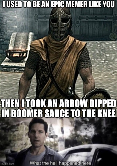 yee | I USED TO BE AN EPIC MEMER LIKE YOU; THEN I TOOK AN ARROW DIPPED IN BOOMER SAUCE TO THE KNEE | image tagged in i used to be a ___ like you,what the hell happened here | made w/ Imgflip meme maker