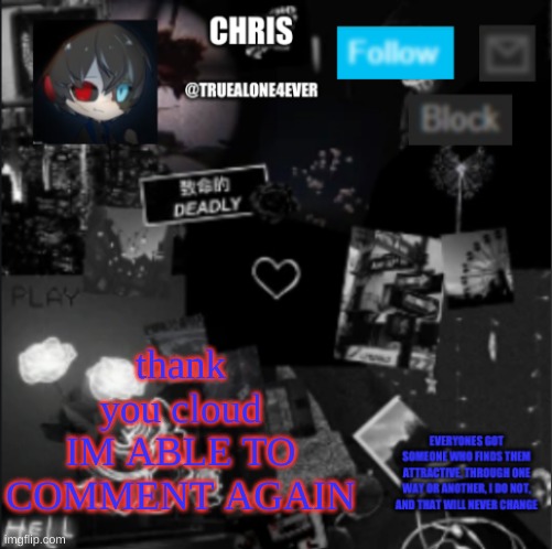 now I can comment again in this stream | thank you cloud
IM ABLE TO COMMENT AGAIN | image tagged in chris announcement | made w/ Imgflip meme maker