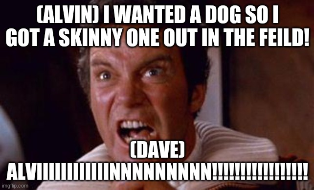 khan | (ALVIN) I WANTED A DOG SO I GOT A SKINNY ONE OUT IN THE FEILD! (DAVE) ALVIIIIIIIIIIIINNNNNNNNN!!!!!!!!!!!!!!!!! | image tagged in khan | made w/ Imgflip meme maker