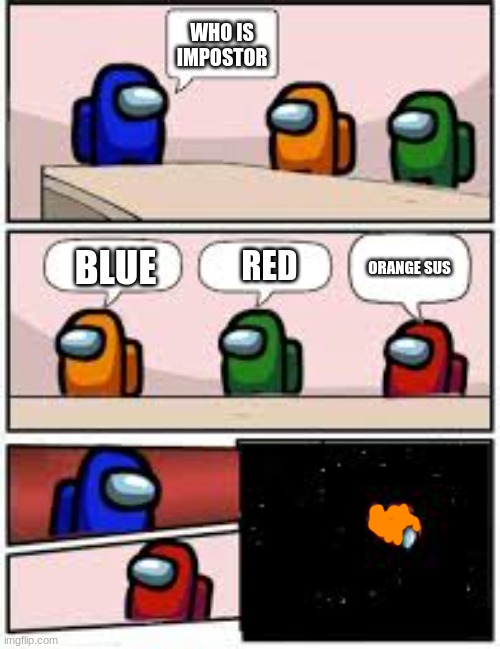 among us | WHO IS IMPOSTOR; ORANGE SUS; BLUE; RED | image tagged in among us meeting | made w/ Imgflip meme maker
