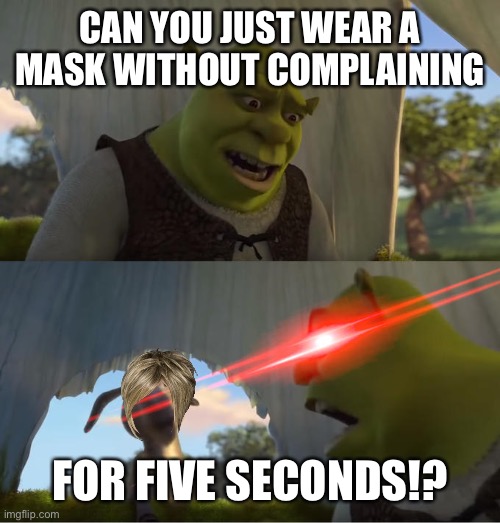 Shrek For Five Minutes | CAN YOU JUST WEAR A MASK WITHOUT COMPLAINING FOR FIVE SECONDS!? | image tagged in shrek for five minutes | made w/ Imgflip meme maker