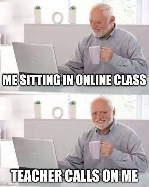 Everyday | ME SITTING IN ONLINE CLASS; TEACHER CALLS ON ME | image tagged in memes,hide the pain harold | made w/ Imgflip meme maker