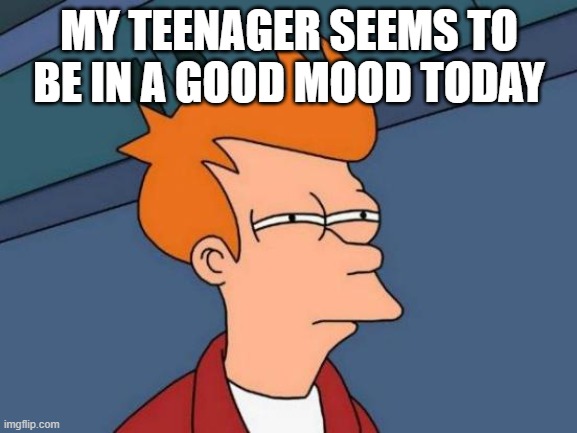 Teenager Mood | MY TEENAGER SEEMS TO BE IN A GOOD MOOD TODAY | image tagged in memes,futurama fry,teenagers,teenager post | made w/ Imgflip meme maker