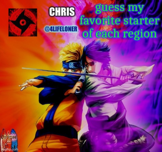 Chris naruto announcement | guess my favorite starter of each region | image tagged in chris naruto announcement | made w/ Imgflip meme maker