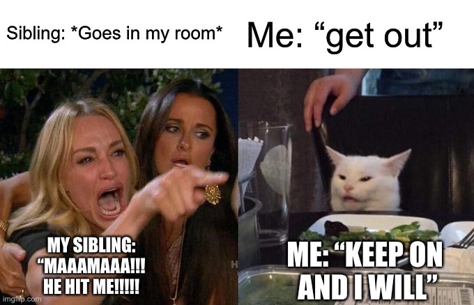 Am I the only one? |  Sibling: *Goes in my room*; Me: “get out”; MY SIBLING: “MAAAMAAA!!! HE HIT ME!!!!! ME: “KEEP ON 
AND I WILL” | image tagged in memes,woman yelling at cat,siblings,relatable,fun,funny meme | made w/ Imgflip meme maker