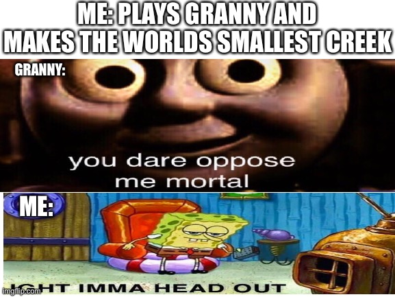 Can anyone relate? | ME: PLAYS GRANNY AND MAKES THE WORLDS SMALLEST CREEK; GRANNY:; ME: | image tagged in blank white template | made w/ Imgflip meme maker