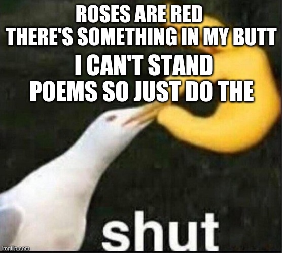 Literally every imgflip poem | ROSES ARE RED 
THERE'S SOMETHING IN MY BUTT; I CAN'T STAND POEMS SO JUST DO THE | image tagged in seagull shut meme,roses are red,memes | made w/ Imgflip meme maker
