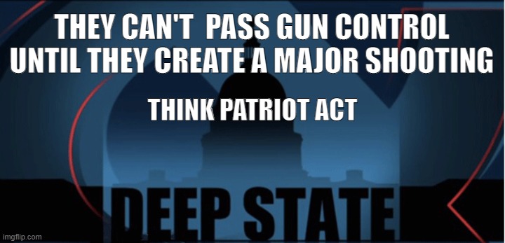 DEEP STATE | THEY CAN'T  PASS GUN CONTROL UNTIL THEY CREATE A MAJOR SHOOTING; THINK PATRIOT ACT | image tagged in genocide | made w/ Imgflip meme maker
