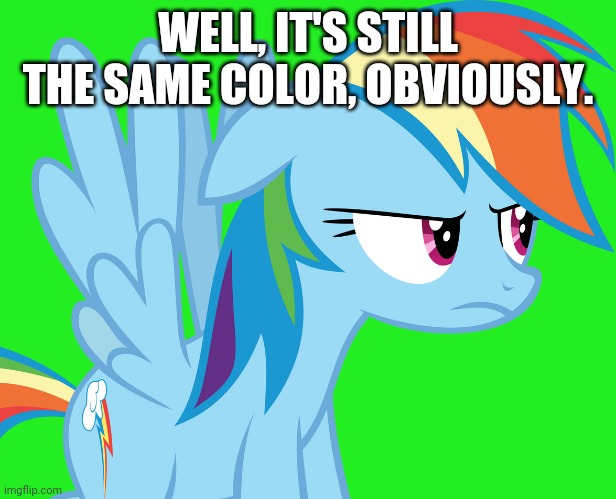 Annoyed Rainbow Dash (MLP) | WELL, IT'S STILL THE SAME COLOR, OBVIOUSLY. | image tagged in annoyed rainbow dash mlp | made w/ Imgflip meme maker