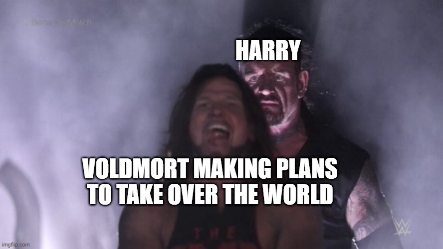 AJ Styles & Undertaker | HARRY; VOLDMORT MAKING PLANS TO TAKE OVER THE WORLD | image tagged in aj styles undertaker | made w/ Imgflip meme maker