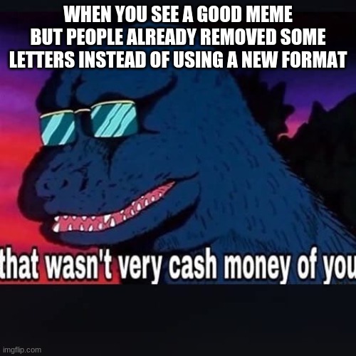 That wasnt very cash money of you | WHEN YOU SEE A GOOD MEME BUT PEOPLE ALREADY REMOVED SOME LETTERS INSTEAD OF USING A NEW FORMAT | image tagged in that wasnt very cash money of you | made w/ Imgflip meme maker