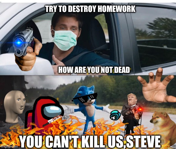 sonic how are you not dead | TRY TO DESTROY HOMEWORK; HOW ARE YOU NOT DEAD; YOU CAN'T KILL US,STEVE | image tagged in sonic how are you not dead | made w/ Imgflip meme maker