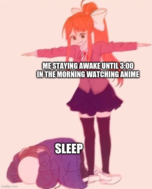 anime t pose | ME STAYING AWAKE UNTIL 3:00 IN THE MORNING WATCHING ANIME; SLEEP | image tagged in anime t pose | made w/ Imgflip meme maker