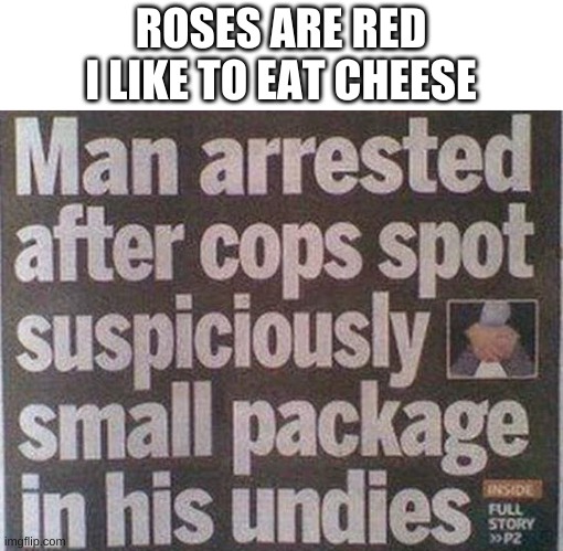 hmmm | ROSES ARE RED
I LIKE TO EAT CHEESE | image tagged in memes,funny,poetry,news,headlines,bruh | made w/ Imgflip meme maker