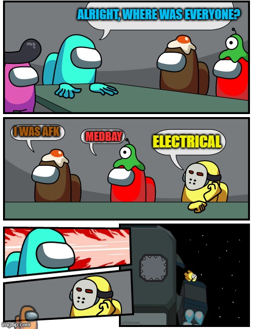 Why most people don't go into electrical alone | ALRIGHT, WHERE WAS EVERYONE? I WAS AFK; ELECTRICAL; MEDBAY | image tagged in discuss vote | made w/ Imgflip meme maker