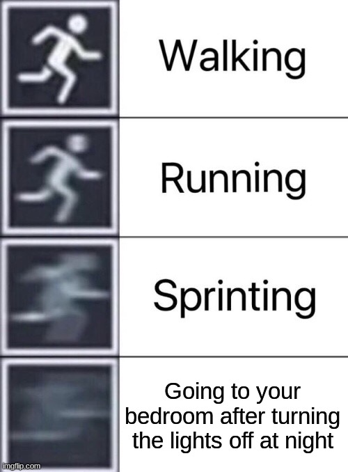 DEJA VU I SWEAR I VE BEEN IN THIS PLACE BEFORE | Going to your bedroom after turning the lights off at night | image tagged in walking running sprinting | made w/ Imgflip meme maker