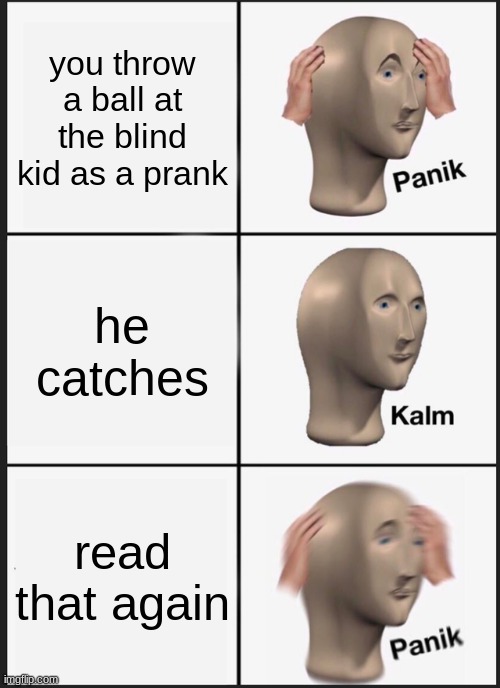 Panik Kalm Panik Meme | you throw a ball at the blind kid as a prank; he catches; read that again | image tagged in memes,panik kalm panik | made w/ Imgflip meme maker