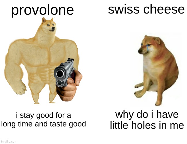 get out of here swiss | provolone; swiss cheese; i stay good for a long time and taste good; why do i have little holes in me | image tagged in memes,buff doge vs cheems | made w/ Imgflip meme maker