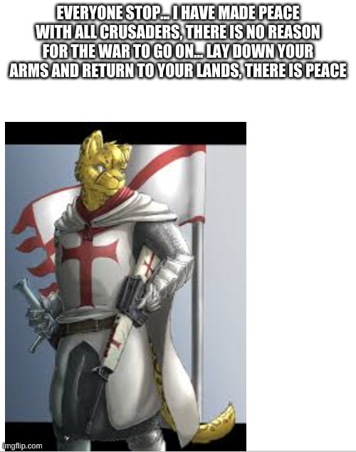 I HAVE MADE PEACE AS THE FIRST CRUSADER FURRY HYBRID | EVERYONE STOP... I HAVE MADE PEACE WITH ALL CRUSADERS, THERE IS NO REASON FOR THE WAR TO GO ON... LAY DOWN YOUR ARMS AND RETURN TO YOUR LANDS, THERE IS PEACE | image tagged in nowar | made w/ Imgflip meme maker