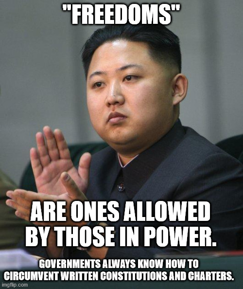 Kim Jong Un | "FREEDOMS" ARE ONES ALLOWED BY THOSE IN POWER. GOVERNMENTS ALWAYS KNOW HOW TO CIRCUMVENT WRITTEN CONSTITUTIONS AND CHARTERS. | image tagged in kim jong un | made w/ Imgflip meme maker