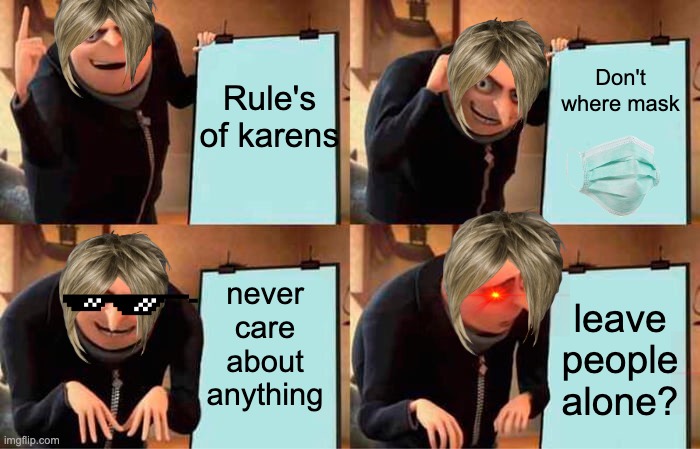 Gru's Plan Meme | Don't where mask; Rule's of karens; never care about anything; leave people alone? | image tagged in memes,gru's plan | made w/ Imgflip meme maker