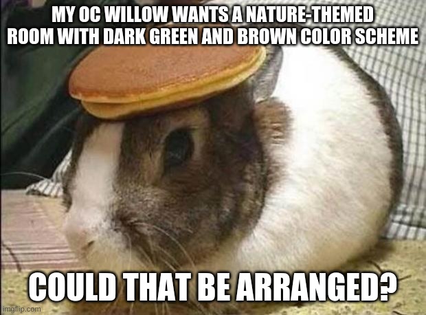 bunny pancake | MY OC WILLOW WANTS A NATURE-THEMED ROOM WITH DARK GREEN AND BROWN COLOR SCHEME; COULD THAT BE ARRANGED? | image tagged in bunny pancake | made w/ Imgflip meme maker