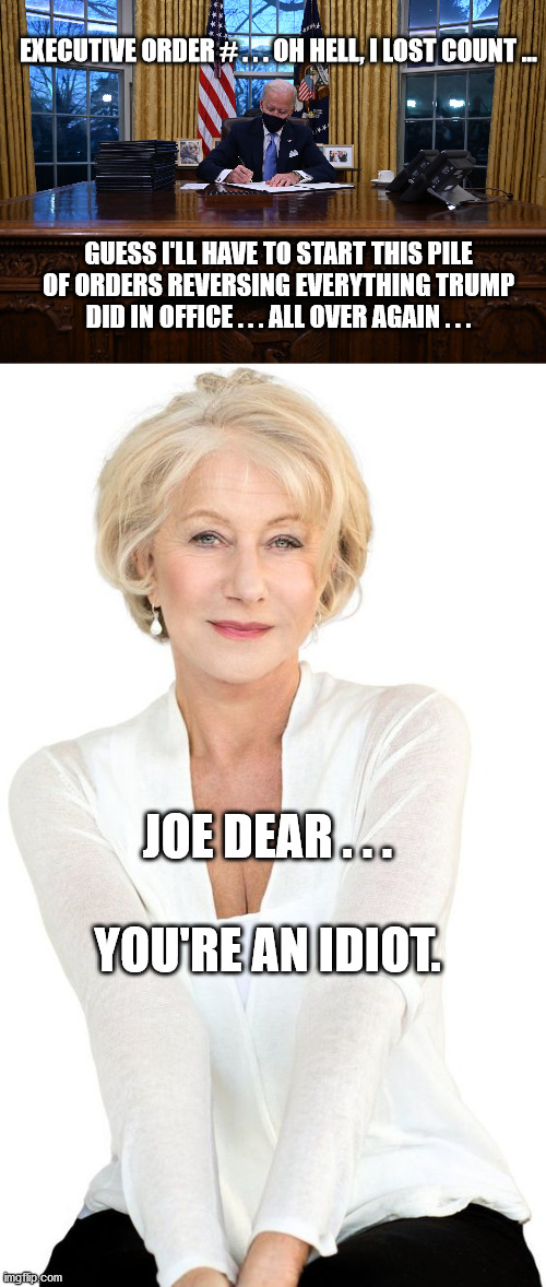 Joe Biden loses count ... | EXECUTIVE ORDER # . . . OH HELL, I LOST COUNT ... GUESS I'LL HAVE TO START THIS PILE OF ORDERS REVERSING EVERYTHING TRUMP DID IN OFFICE . . . ALL OVER AGAIN . . . JOE DEAR . . .
 
YOU'RE AN IDIOT. | image tagged in helen mirren you're an idiot - white bkg,joe biden,executive orders,idiot,nap time,trump | made w/ Imgflip meme maker