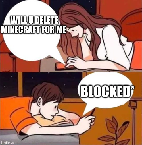 Boy and girl texting | WILL U DELETE MINECRAFT FOR ME; BLOCKED* | image tagged in boy and girl texting | made w/ Imgflip meme maker